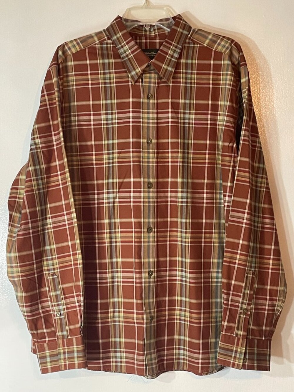 Eddie Bauer Men’s Brown Plaid Dress Shirt Size XL Cotton Excellent Condition